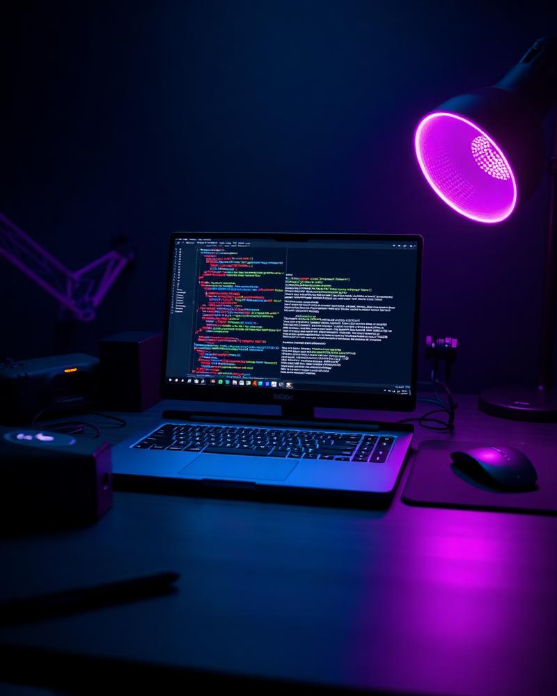 Web designer workspace with a laptop showing code in moody indigo light